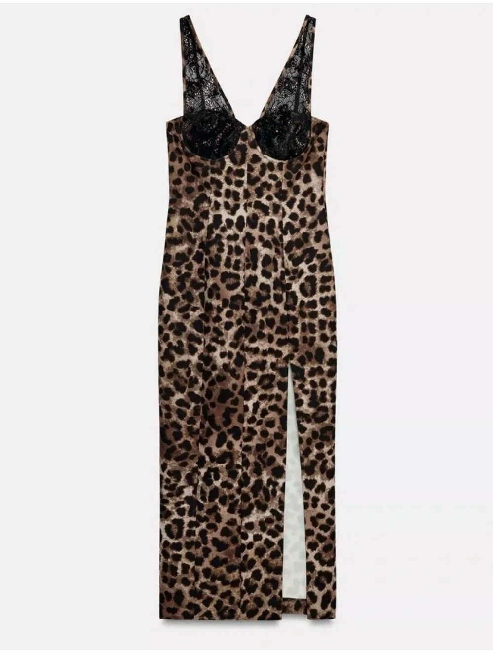 Zara Leopard Print Slip Dress with Black Lace and Side Slit - Medium BNWT